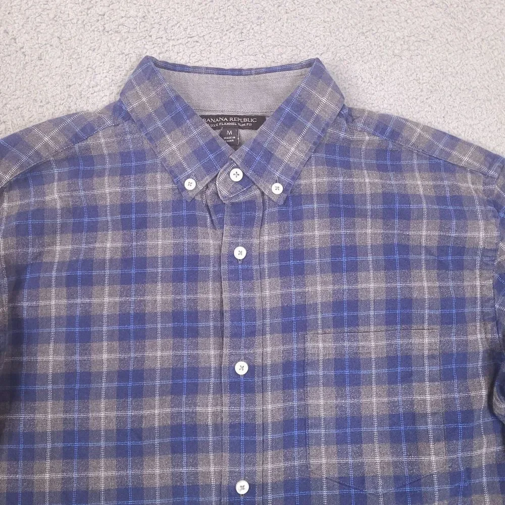 Banana Republic Luxe Flannel Shirt Mens Medium Blue Gray Plaid‎ Slim Fit Cotton